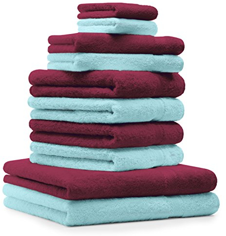 Betz 10-TLG. Handtuch-Set Premium 100% Baumwolle 2 Duschtücher 4 Handtücher 2 Gästetücher 2 Waschhandschuhe Farbe Dunkel Rot & Türkis