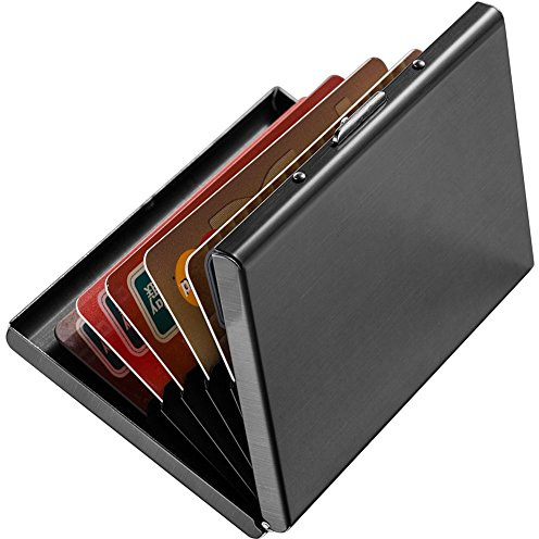 Enyoir Slim RFID Credit Card Protector Wallet, Block Identity Thieves, Stainless Steel Aluminum Metal Holder Case with 6 PVC Slots (Black)