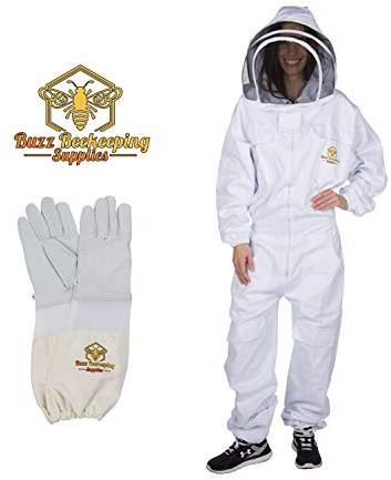 Professional Beekeeping Suit Goatskin Gloves (1 pair) and Bee Stickers Self-Supporting Fencing Veil and YKK Metal Zippers for Bee Keepers Easily Take On and Off (Large)