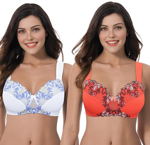 Curve Muse Women's Plus Size Minimizer Wireless Unlined Bra with Embroidery Lace-2Pack-Buttermilk,Cherry Tomato-40DDD/EU:90F