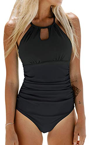 CUPSHE Damen Badeanzug High Neck Bademode Raffung Bauchweg Cut Out Einteilige Strandmode Swimsuit Schwarz M