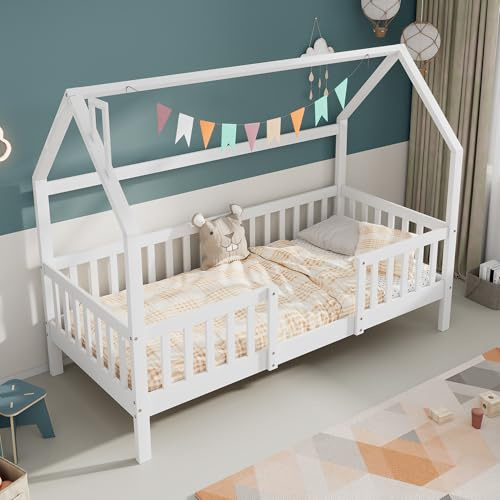 HESHU Kinderbett Hausbett 90x200 cm, Kiefernholz Bett für Jungen und Mädchen, mit Rausfallschutz und Lattenrost, ohne Matratze, Weiß