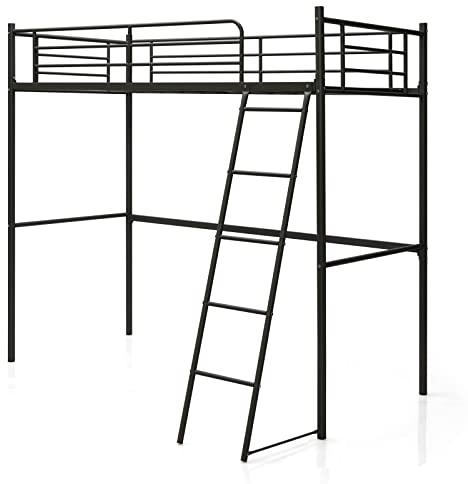COSTWAY Metal Bunk Bed, Loft Bed Frame with Integrated Ladder & Safety Guardrail, Home Bedroom Apartment Dormitory Space-Saving Single High Sleeper Beds for Kids, Teens and Adults (Black)