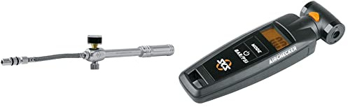 SKS GERMANY MSP Dämpferpumpe, Luftpumpe Fahrrad (Druck max.: 20 bar / 290 PSI, Ventilanschluss: AV), Silber, 10 x 3 x 3 cm & AIRCHECKER (AV/SV) 2. Generation Druckluftprüfer, Schwarz