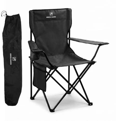 Green Haven Chaise de Camping Pliante – Chaise de Pique-Nique légère Noire avec Porte-gobelet, Polyester 600D et Anti-déchirure, Cadre en Acier Robuste, Portable et Confortable pour Le Camping en