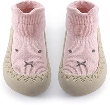 Exemaba Baby Sockenschuhe Rutschfeste Niedlicher Cartoon Weicher Stricken Babybodenschuhe Kleinkind Schuhe 1-Paar(Rosa Kaninchen,Tag22/12-18M)