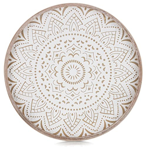 Hanobe Plateau Bois Decoratif Rond: Plats et Plateaux de Service Rustique Boho Floral Petit Brun Deco Bougie Plateau Cafe Table Vintage Plate pour Repas Canapé Cuisine, 30cm