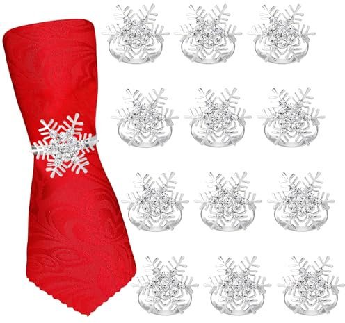 Serviettenringe Weihnachten, 12PCS Serviettenringe Silber Hirsch Elch Schneeflocke Tischdeko Weihnachten Napkin Rings Für Weihnachten Thanksgiving Hochzeit (Schneeflocken, 12PCS)
