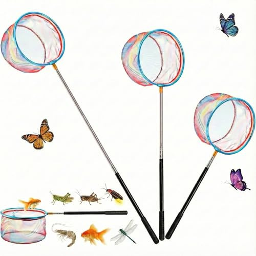 Goaste 3 Pack Kids Fishing Net, Telescopic Lightweight Landing Net, Bug Insect Catching Net with Stainless Steel Pole Handle for Kids Outdoor Playing, Extendable from 26 inch to 67.5 inch