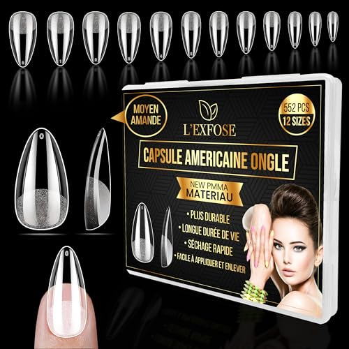 L'Exfose 552 pcs Capsule Americaine Ongle Amande - 12 Tailles Hypoallergenique PMMA Moyen Faux Ongles Capsules for DIY Nail Art & Salons Acrylique ongle pose americaine Semi Transparent Capsule Gel X