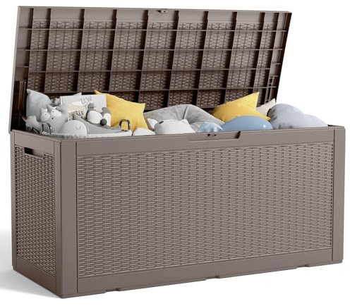 PatioZen 120 Gallon Resin Deck Box, Lockable Patio Outdoor Storage Box for Furniture, Garden Tools and Tools Storage, Waterproof Outside Storage Boxes - Grey
