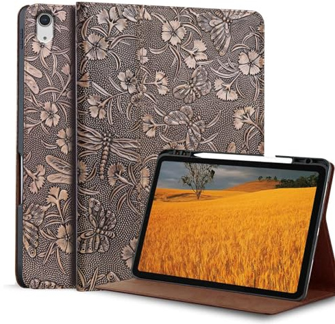Gexmil Leder Hülle für iPad A16 11th Gen 11 2025,iPad 10th Gen 10.9 2022 | Echtleder Cover/Flip mit Stifthalter,Auto Schlaf/Aufwachen,Schutzhülle Einstellbarer Ständer,Stoßfest,Grauem Schmetterling