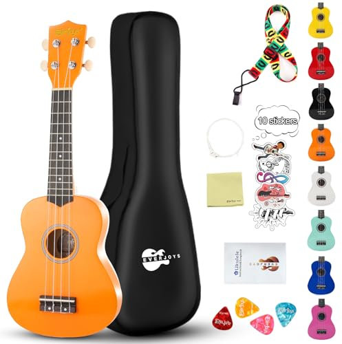 Ukulele soprano per principianti, kit per bambini, adulti, studenti, 53,3 cm, tracolla, corda di ricambio, panno lucidante, plettri per libro dei brani (arancione lucido)