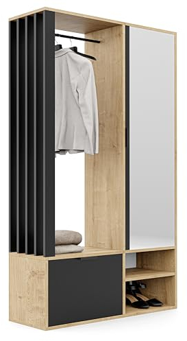 GREKPOL 100x33x190 cm (Rechts/Links) Garderobe Set mit Spiegel - Flurgarderobe Set Artisan + Schwarz - Garderobenschrank Flur mit Sieben Regalböden und Kleiderhaken