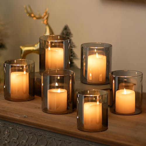 Glasseam Windlicht Glas Glaszylinder Kerzenhalter: 6er Set Kerzenständer Schwarz Windlicht Outdoor Zylinder Kerzengläser Vase für Wohnzimmer Tischdeko Modern Windlichter für Tisch Garten Dekoration