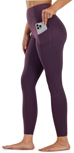 Persit Sport Leggings Damen mit Taschen High Waist Blickdicht Sporthose Yogahose Lang Laufhose Gym Leggins Tights Pflaume 71cm S