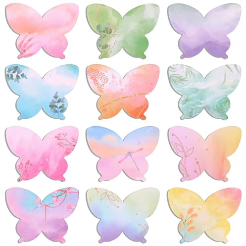JSRQT 12 Stück Haftnotizen Schmetterling, Aquarell Selbstklebende Notizblöcke Sticky Notes Kinder Erwachsene, Haftnotizen Notizblock Klein für Schüler Lehrer Schule Büro Heimpläne Schulsachen