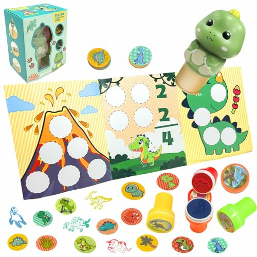 Fortivae Timbratore di Adesivi e Blocco attività di 6 Pagine, 100 Adesivi, Personaggio da Collezione Giocattolo Fidget per Lavoretti Artistici, Viene Fornito con 4 Sigilli per Timbri Dinosauro