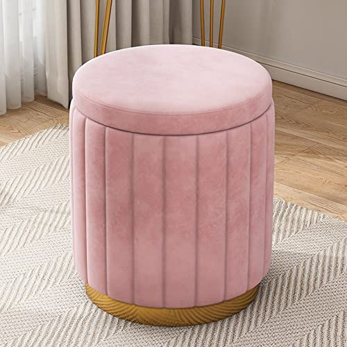Samt-Ottomane mit Stauraum und goldfarbenem Sockel, rosa gepolsterter Fußstütze, Hocker für Wohnzimmer und Schlafzimmer, große Kapazität, Kosmetikstuhl (34 x 34 x 45 cm)
