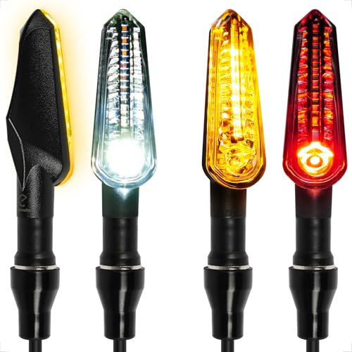 evermotor Intermitentes para motocicleta, 4 piezas Secuencial intermitentes LED de 12 V con luz de posición, Homologados intermitente, 2 x amarillo y blanco + 2 x luz amarilla y roja