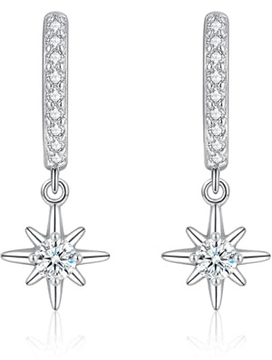 Estrellique 925 Sterling Silber Creolen Ohrringe für Damen, Creolen Silber 925 Ohrringe Hängend, Hypoallerge Kreolen Ohrring mit Kreuz Achtzackiger Stern Herz Anhänger, Kreolen Ohrhänger mit Zirkonia