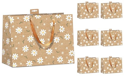 PremiumLine Geschenktaschen Kraftpapier 6 Stück | Geschenktüte aus recyceltem Kraftkarton mit Baumwollband | DIN A4 Geschenktasche mit Frühling Blüten, Large 26x32x12cm | Skorpion Papeterie