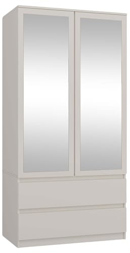 WHATSIZE ENTERPRISE Mirrored Wardrobe with Drawers - Double Closet for Bedroom - 2 Door Wardrobe with Drawers, Shelves and Hanging Rail - Modern Bedroom Furniture, Cashmere