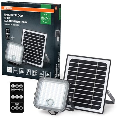 OSRAM LED-solcell-utomhusarmatur Endura Outdoor svart med strålkastare och solpanel, 5 m kabel, med fjärrkontroll och PIR-rörelsedetektor, 10 W, 1400 lm, 840, 4000 K ljusfärg, EEK A