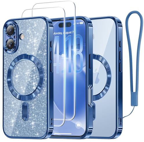 Meifigno Designed for iPhone 17 Case 6.3, [Glitter Card & Wrist Strap] [Compatible with MagSafe] [2X HD Screen Protectors] Surround Raised Lens Protection for 17 Case, Blue Titanium