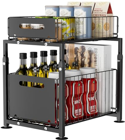 Dreamhigh® Küchenschrank Organizer Ausziehbar, Unterschrank Organizer mit Doppelschicht Teleskopschublade, Base Cabinet Organiser Küche Ausziehbar Höhenverstellbar, für Spüle & Bad (Schwarz)