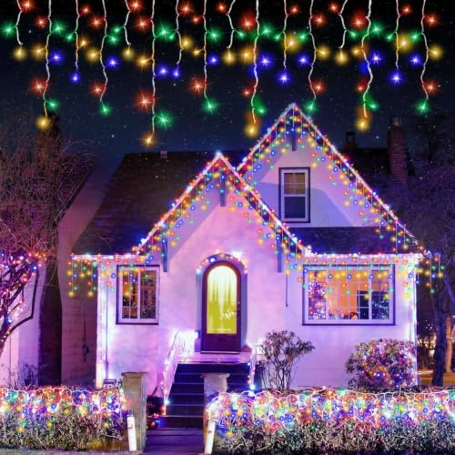PEMOTech Kinderzimmer kindersicher Kindergeburtstag für Kinder Eisregen Lichterkette Außen,IP65 WASSERDICHT & STAUBDICHT,LED Mehrfarbig Weihnachtsbeleuchtung Außen,8 Modi und Timer batteries included