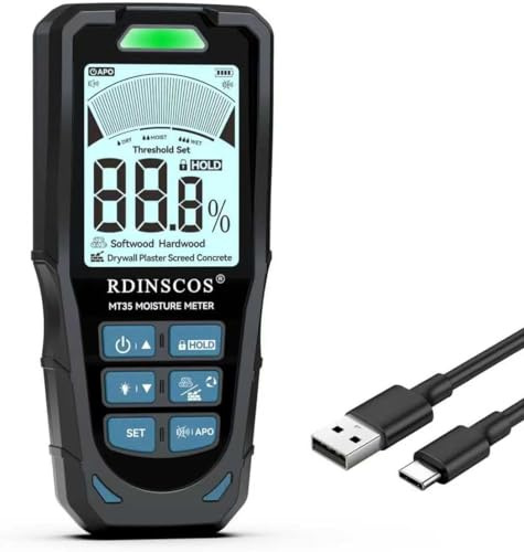 RDINSCOS Humidimètre 6 en 1 sans broche, détecteur d'humidité non invasif, testeur d'humidité pour murs, cloisons sèches, béton et bois, rechargeable par USB, seuils d'alarme personnalisables, écran