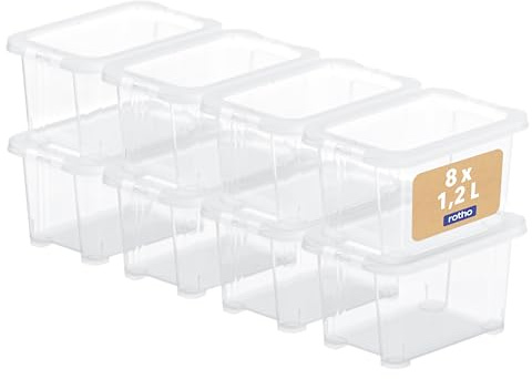 Rotho Core Basic 8er-Set Aufbewahrungsboxen 1,2l mit Deckel, Kunststoffboxen mit Deckel & Tragegriffen, stapelbar, ideal für Haushalt & Büro, transparent