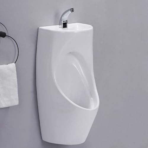 Gtzly Urinoirs pour Hommes en céramique, urinoir Mural, urinoir Anti-déversement, urinoirs pour Salle de Bain Hommes, avec lavabo et Robinet à capteur, évacuation Murale(White)