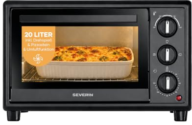 Severin Horno de sobremesa, 20L, hasta 230°C, aire caliente, calor superior e inferior, piedra para pizza, asador, bandeja para hornear, rejilla grill, temporizador 120 min, 1600W, negro, TO 2079