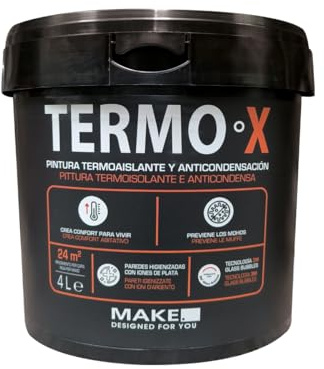MAKE Termo X | Pittura Termica, Termoisolante, Anti-Condensa, Antimuffa Interni 4 L - 24 m2 - Bianco Isolante Traspirante per Pareti Umide, Bagni, Cucine, con perle di vetro 3M e Ioni d’Argento