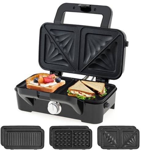 SOARS Tostapane 1200W, Piastra per Panini Sandwich Waffle 3 in 1, 5 Temperature Regolabili, Doppia Faccia, Piastra Grill Rimovibile e Lavabile, Protezione contro Surriscaldamento, Nero