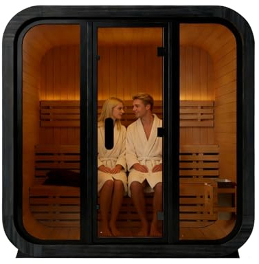 Amocane Outdoor Steam Sauna 4-6 Person, Canadian Wooden Sauna Spa with 6KW Harvia Heater, Traditional Backyard Cube Sauna with 8mm Tempered Brown Glass, 0-195℉ (Red Cedar)