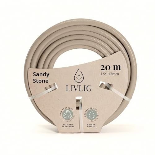 Livlig53 LIVLIG trädgårdsslang 20 m, flexibel premium vattenslang tillverkad av 60 procent återvunnet material, UV-beständig, vecksäker, trädgårdsslang 1/2 tum, beige