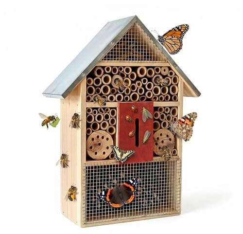 Relaxdays Insektenhotel, Holz, wetterfestes Metalldach, HxBxT: 40 x 30 x 8 cm, Insektenhaus zum Aufhängen, Natur/Silber