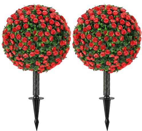 HOMCOM 55cm Artificial Rose Topiary UV-Resistant Fake Plants Set of 2 Red | Ground Stake, 306 Roses and Leaves, for Indoor Outdoor Home Office Garden Decor