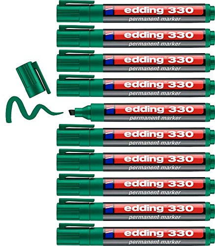 edding 330 permanent marker - green - 10 pens - chisel tip 1-5 mm - waterproof, quick-drying, smear-proof pens - for cardboard, plastic, glass, wood, metal and fabric