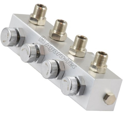 Agora-Tec® Airbrush Druckluftverteiler 4-fach AT-AV-4 Schwarz | Kunststoff/Edelstahl | 1x 1/8 Zoll IG (Kompressor), 4x 1/8 Zoll AG (Schläuche) | inkl. 4 regelbare Ventile | Direktmontage