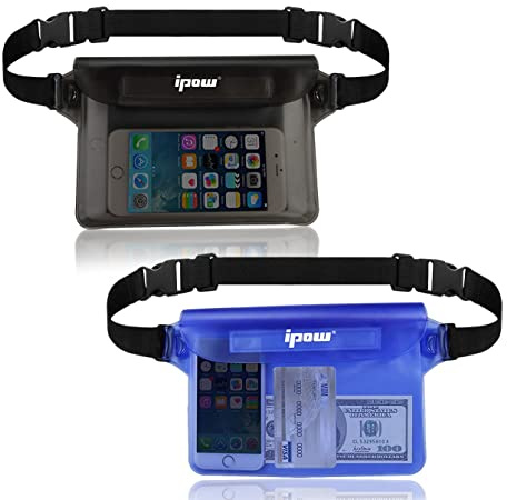 ipow [2 Pack] Waterproof Pouch Bag Case Waist Strap for Beach, Swim, Boating, Kayaking, Hiking, Etc - Protect iPhone, Cellphone, Camera, Cash, Passport, Document from Water, Sand, Snow, Dust and Dirt