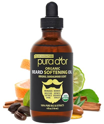 PURA D'OR 4 Oz ORGANIC Beard Softening Oil - Original Sandalwood Scent - Leave-In Conditioner, Argan & Jojoba Oil - Mustache Care & Maintenance, Increase Softness & Strength - Beard Hair, Skin & Face