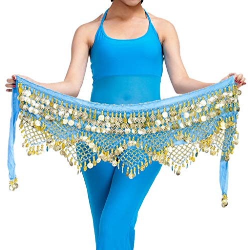 Wuchieal Damen Profi Zumba Rock Bauchtanz Hüfttuch mit Münzen Gürtel Röcke (Hellblau, OneSize)