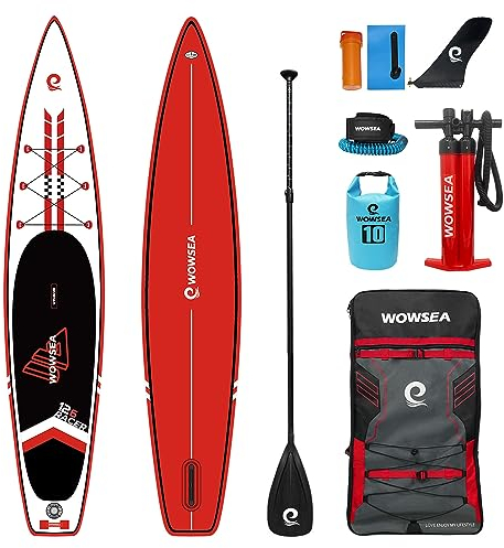 WOWSEA Racer R1 Aufblasbares Stand Up Paddle Board, Langlebiges und Leichtgewicht SUP Board, Rennen & Reisen Paddelboard, 385cm L x 74cm W x 15cm H mit iSUP Zubehör (Rot)