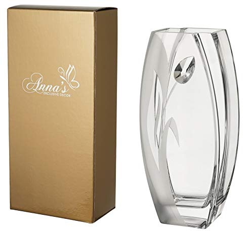 Luxury Large Glass Vase - Large Premium Crystal and Etched Tulip Flower Decor – Mouth Blown Unleaded Glass Ornament - Gift Boxed - Clear, 32 cm (12.6 in)