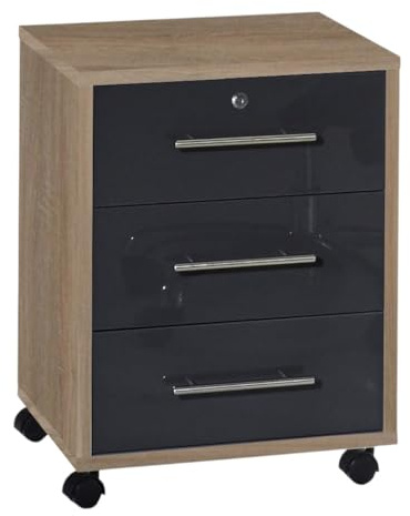 Rollcontainer TABOR Bürocontainer mobiler Aktenschrank Container mit Schubladen (Sonoma Eiche/anthrazit Hochglanz)