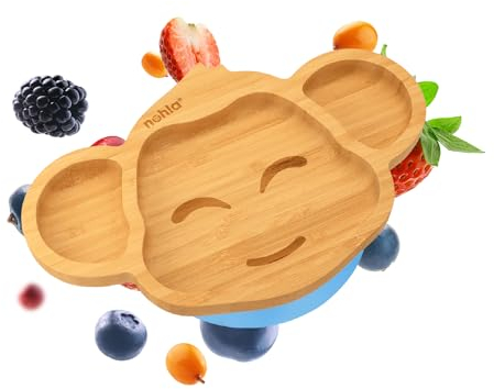 nohla ® Milo der Affe, Baby-Entwöhnungsplatte aus Bambus, Saugnapf, 16,7 x 26 cm, auslaufsicherer Saugfuß, ideal ab 6 Monaten, 100% Bambus und FDA-Silikon, organisch und BPA-frei, blau